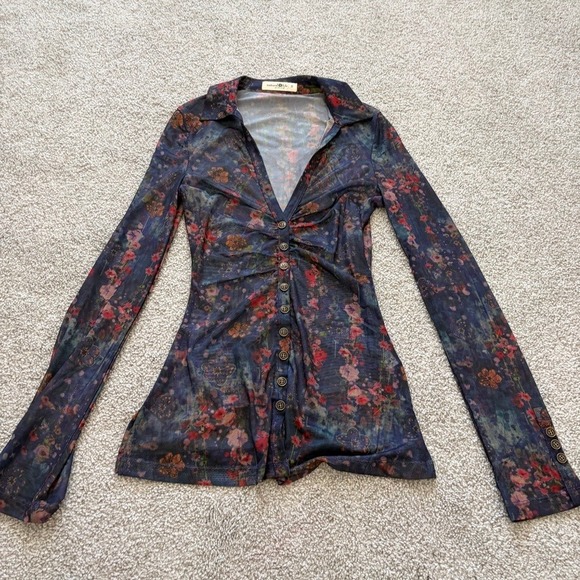 NATURAL LIFE Tops - Natural Life Carina Mesh Top Womens S Blue Floral Cottage Whimsigoth Fairy Witch